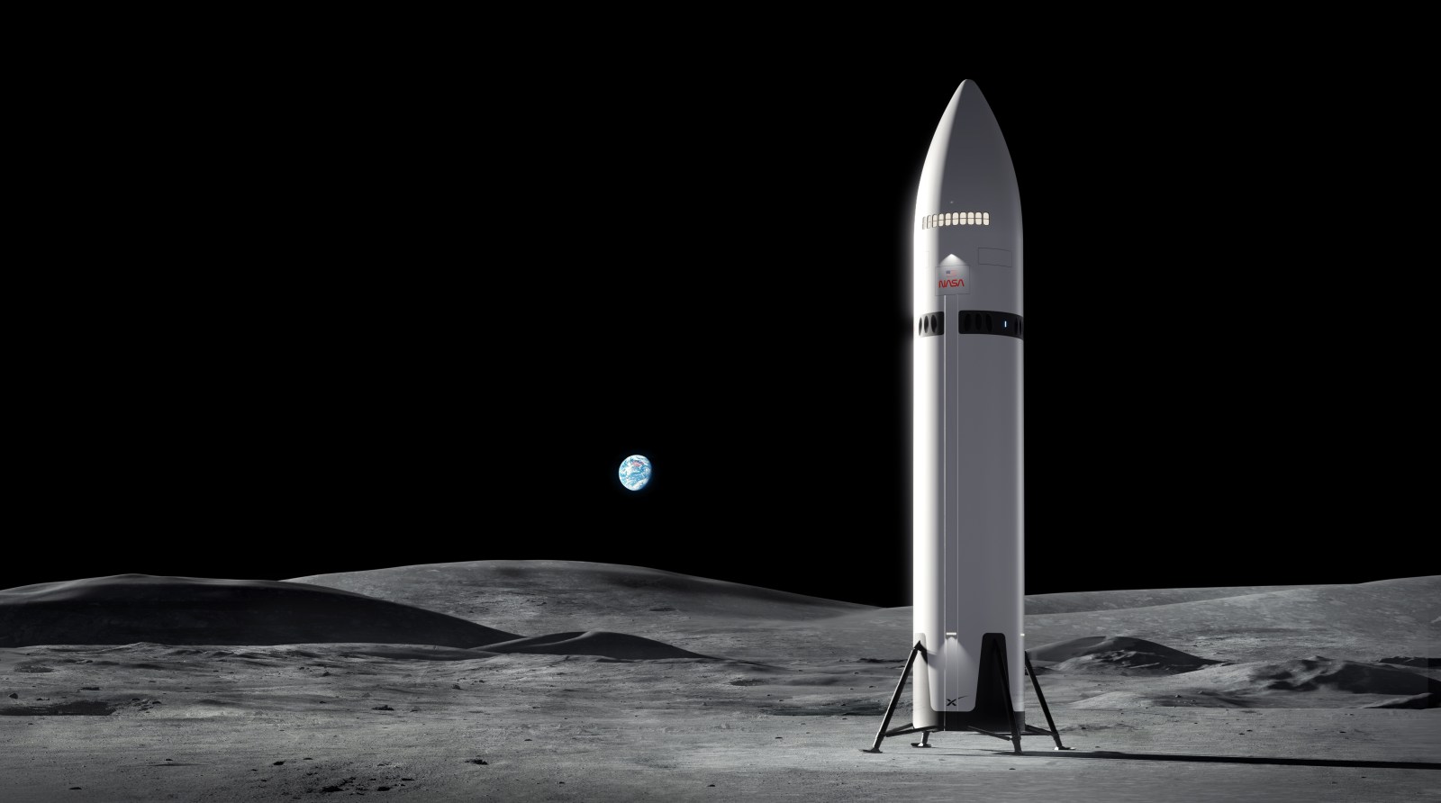 NASA 绘制的 Starship HLS 在月球表面概念图